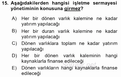 Girişim Finansmanı 2016 - 2017 Ara Sınavı 15.Soru