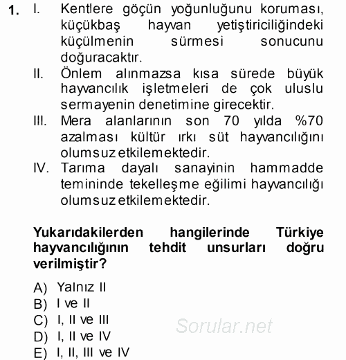 Hayvan Yetiştirme 2014 - 2015 Tek Ders Sınavı 1.Soru