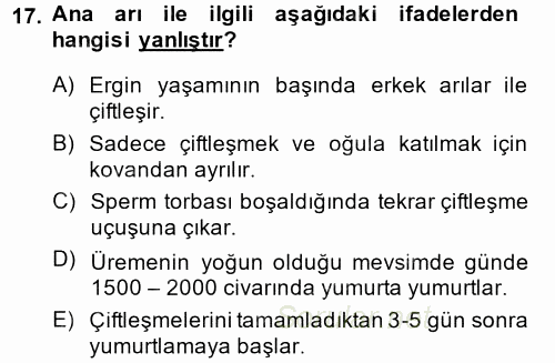 Hayvan Yetiştirme 2014 - 2015 Tek Ders Sınavı 17.Soru