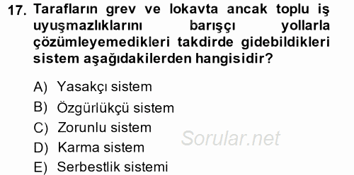 Endüstri İlişkileri 2014 - 2015 Tek Ders Sınavı 17.Soru