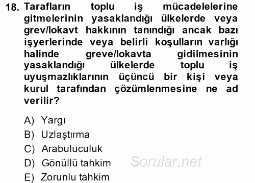 Endüstri İlişkileri 2014 - 2015 Tek Ders Sınavı 18.Soru