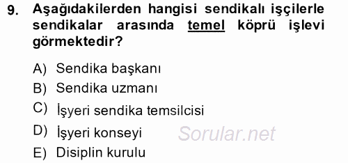 Endüstri İlişkileri 2014 - 2015 Tek Ders Sınavı 9.Soru