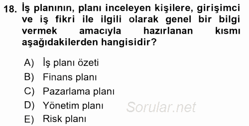 İş Planı 2015 - 2016 Dönem Sonu Sınavı 18.Soru