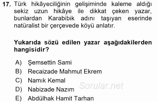 II. Abdülhamit Dönemi Türk Edebiyatı 2016 - 2017 Ara Sınavı 17.Soru