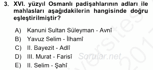 XVI. Yüzyıl Türk Edebiyatı 2016 - 2017 3 Ders Sınavı 3.Soru