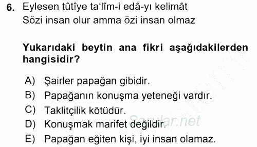 XVI. Yüzyıl Türk Edebiyatı 2016 - 2017 3 Ders Sınavı 6.Soru