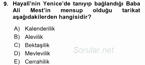 XVI. Yüzyıl Türk Edebiyatı 2016 - 2017 3 Ders Sınavı 9.Soru