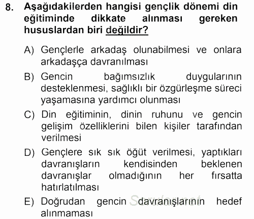 Din Eğitimi Ve Din Hizmetlerinde Rehberlik 2012 - 2013 Dönem Sonu Sınavı 8.Soru