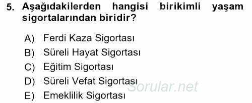 Hayat Sigortaları Ve Bireysel Emeklilik Sistemi 2017 - 2018 Dönem Sonu Sınavı 5.Soru