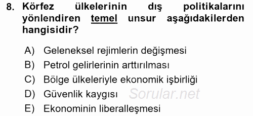 Orta Doğuda Siyaset 2017 - 2018 Dönem Sonu Sınavı 8.Soru