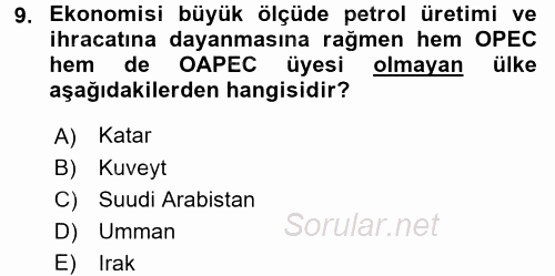 Orta Doğuda Siyaset 2017 - 2018 Dönem Sonu Sınavı 9.Soru