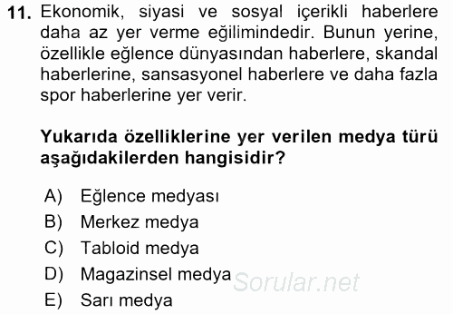 Medya Siyaset Kültür 2016 - 2017 Dönem Sonu Sınavı 11.Soru