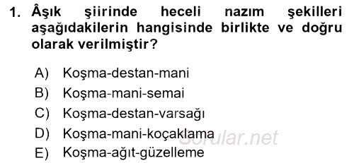 Türk Halk Şiiri 2016 - 2017 3 Ders Sınavı 1.Soru