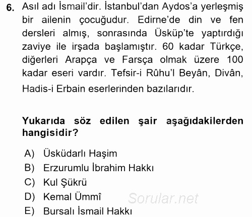 Türk Halk Şiiri 2016 - 2017 3 Ders Sınavı 6.Soru