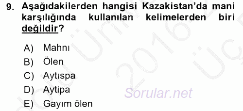 Türk Halk Şiiri 2016 - 2017 3 Ders Sınavı 9.Soru