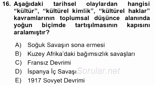 Kültür Sosyolojisi 2016 - 2017 Dönem Sonu Sınavı 16.Soru