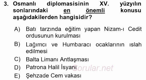 Osmanlı Diplomasisi 2016 - 2017 Dönem Sonu Sınavı 3.Soru