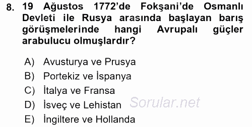 Osmanlı Diplomasisi 2016 - 2017 Dönem Sonu Sınavı 8.Soru