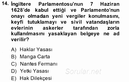 Siyasi Tarih 1 2013 - 2014 Ara Sınavı 14.Soru