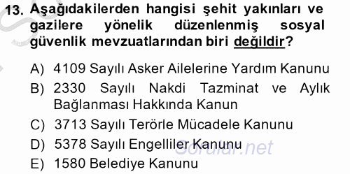 Sosyal Hizmet Mevzuatı 2014 - 2015 Dönem Sonu Sınavı 13.Soru