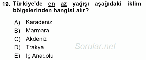 Tarımsal Meteoroloji 2017 - 2018 Dönem Sonu Sınavı 19.Soru