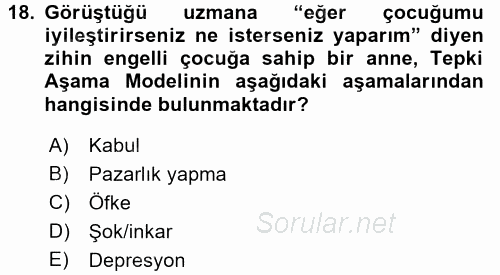 Anne Baba Eğitimi Ve Danışmanlık Hizmetleri 2017 - 2018 3 Ders Sınavı 18.Soru