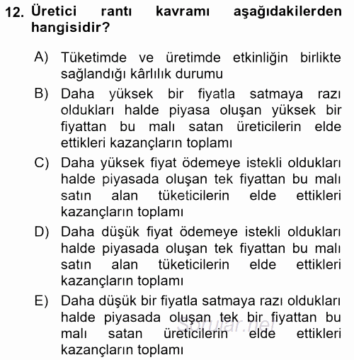 Doğal Kaynaklar ve Çevre Ekonomisi 2015 - 2016 Ara Sınavı 12.Soru