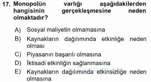 Doğal Kaynaklar ve Çevre Ekonomisi 2015 - 2016 Ara Sınavı 17.Soru