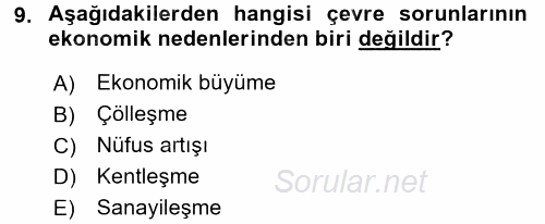 Doğal Kaynaklar ve Çevre Ekonomisi 2015 - 2016 Ara Sınavı 9.Soru