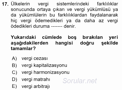 Uluslararası Kamu Maliyesi 2017 - 2018 3 Ders Sınavı 17.Soru