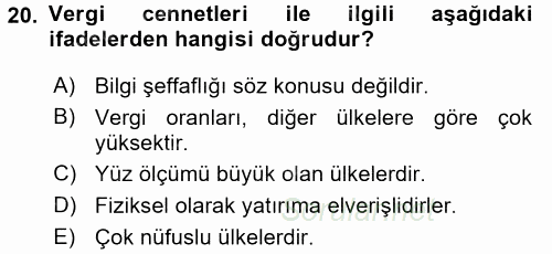 Uluslararası Kamu Maliyesi 2017 - 2018 3 Ders Sınavı 20.Soru