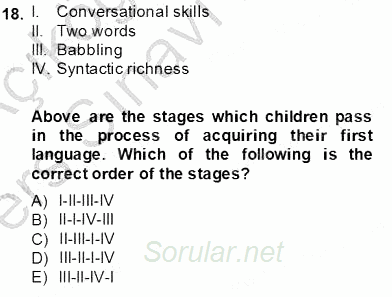 Çocuklara Yabancı Dil Öğretimi 1 2013 - 2014 Tek Ders Sınavı 18.Soru