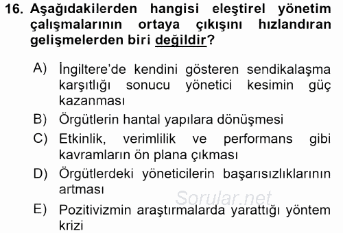 Örgüt Kuramı 2017 - 2018 Dönem Sonu Sınavı 16.Soru