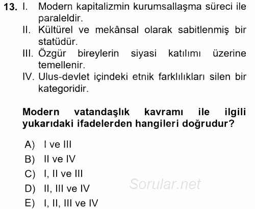 İnsan ve Toplum 2016 - 2017 Dönem Sonu Sınavı 13.Soru