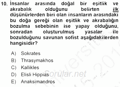 İlkçağ Felsefesi 2015 - 2016 Dönem Sonu Sınavı 10.Soru
