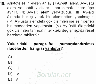 İlkçağ Felsefesi 2015 - 2016 Dönem Sonu Sınavı 19.Soru