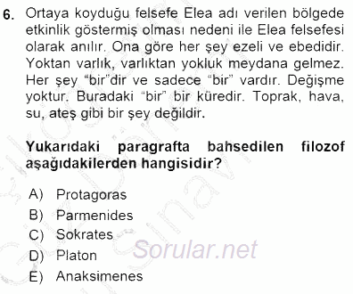 İlkçağ Felsefesi 2015 - 2016 Dönem Sonu Sınavı 6.Soru