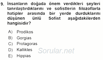 İlkçağ Felsefesi 2015 - 2016 Dönem Sonu Sınavı 9.Soru