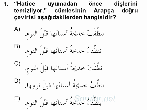 Arapça 1 2014 - 2015 Dönem Sonu Sınavı 1.Soru