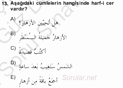 Arapça 1 2014 - 2015 Dönem Sonu Sınavı 13.Soru