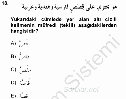 Arapça 1 2014 - 2015 Dönem Sonu Sınavı 18.Soru