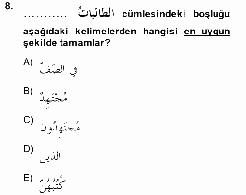 Arapça 1 2014 - 2015 Dönem Sonu Sınavı 8.Soru