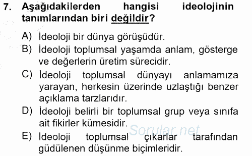 Sosyolojiye Giriş 2012 - 2013 Dönem Sonu Sınavı 7.Soru