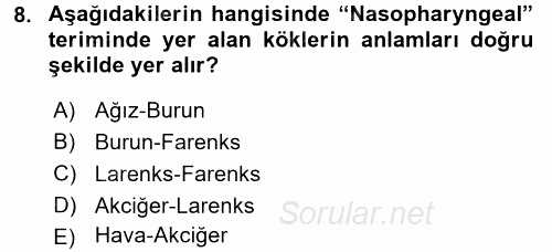 Tıbbi Terminoloji 2017 - 2018 3 Ders Sınavı 8.Soru