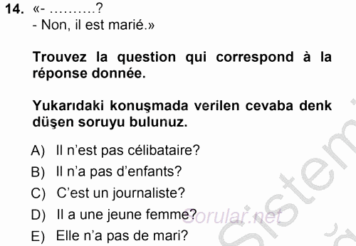 Fransızca 1 2012 - 2013 Ara Sınavı 14.Soru