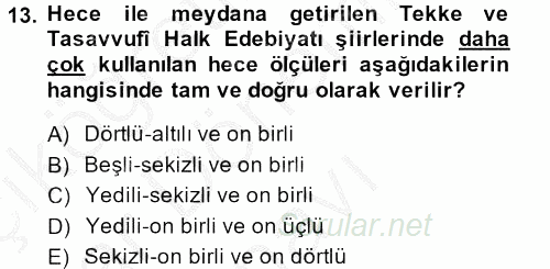 Halk Edebiyatına Giriş 2 2013 - 2014 Dönem Sonu Sınavı 13.Soru