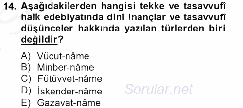 Halk Edebiyatına Giriş 2 2013 - 2014 Dönem Sonu Sınavı 14.Soru