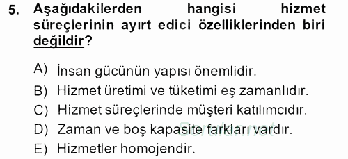 Konaklama Hizmetlerinde Kalite Yönetimi 2013 - 2014 Ara Sınavı 5.Soru