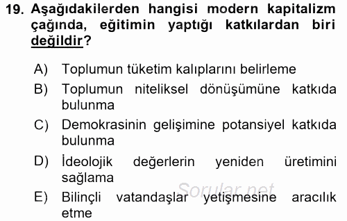 Türkiye´nin Toplumsal Yapısı 2017 - 2018 Ara Sınavı 19.Soru