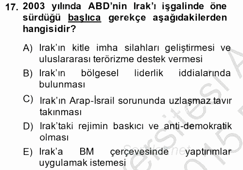 Orta Doğuda Siyaset 2014 - 2015 Ara Sınavı 17.Soru